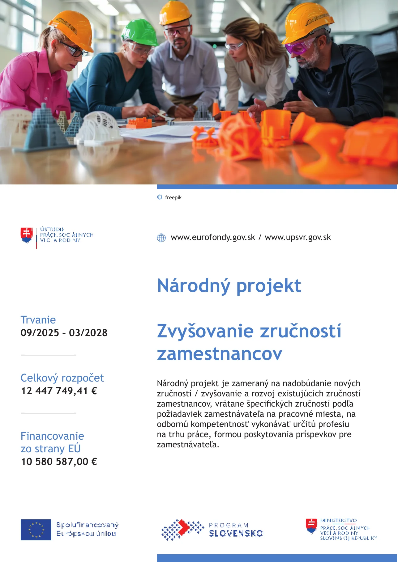 Plagát národného projektu Zvyšovanie zručností zamestnancov – spolufinancovaný Európskou úniou, Program Slovensko